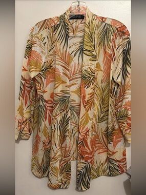 Kasper Tropical Leaf Print Cardigan in Cream, Orange, Green